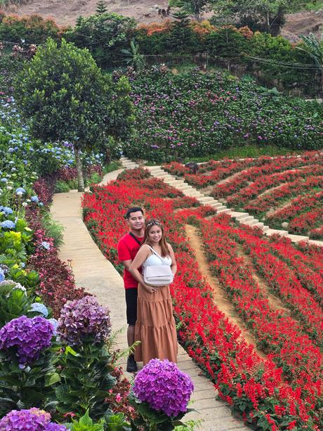 Rica Mae and Mark Lino standing together on a path between beds of red flowers